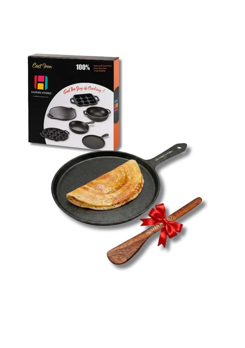 Human Hydro Cast Iron Tawa Flat Griddle Single Handle | 25 cm | 9.8 Inch | Induction Compatible | Non-Toxic | Non-Stick - Indya