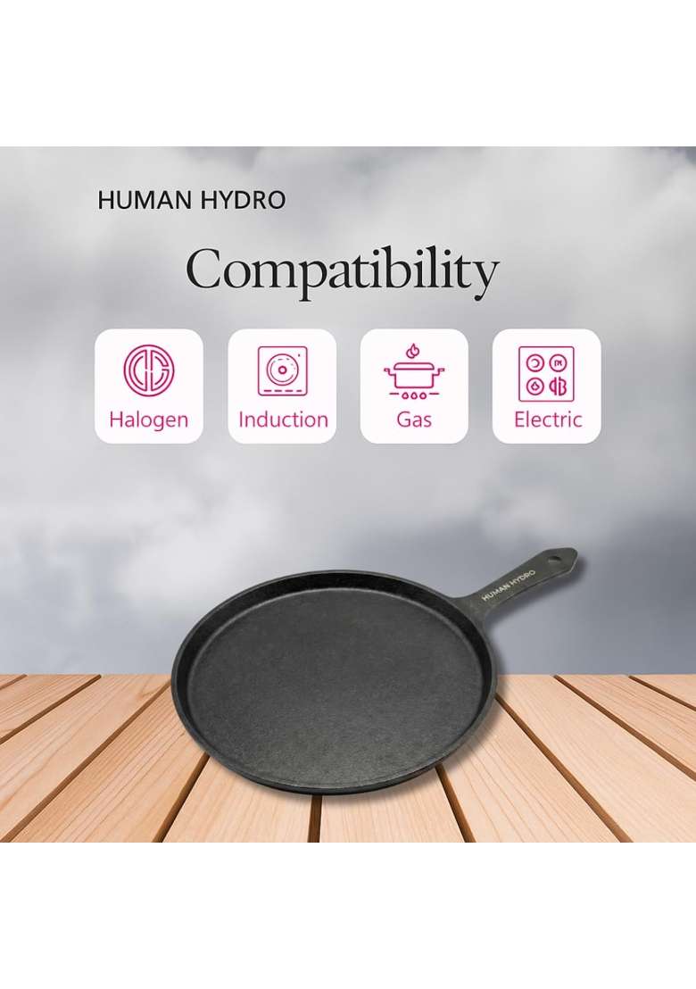 Human Hydro Cast Iron Tawa Flat Griddle Single Handle | 25 cm | 9.8 Inch | Induction Compatible | Non-Toxic | Non-Stick - Indya