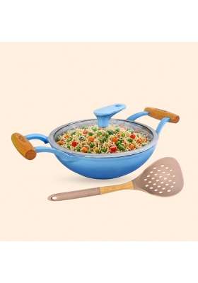 MACclite SeasNamel Cast Iron Kadhai Wok with Glass Lid Dia | 1.5 L | 1.6 Qt | 20 cm | 7.9 Inch | Non-Toxic | Non-Stick