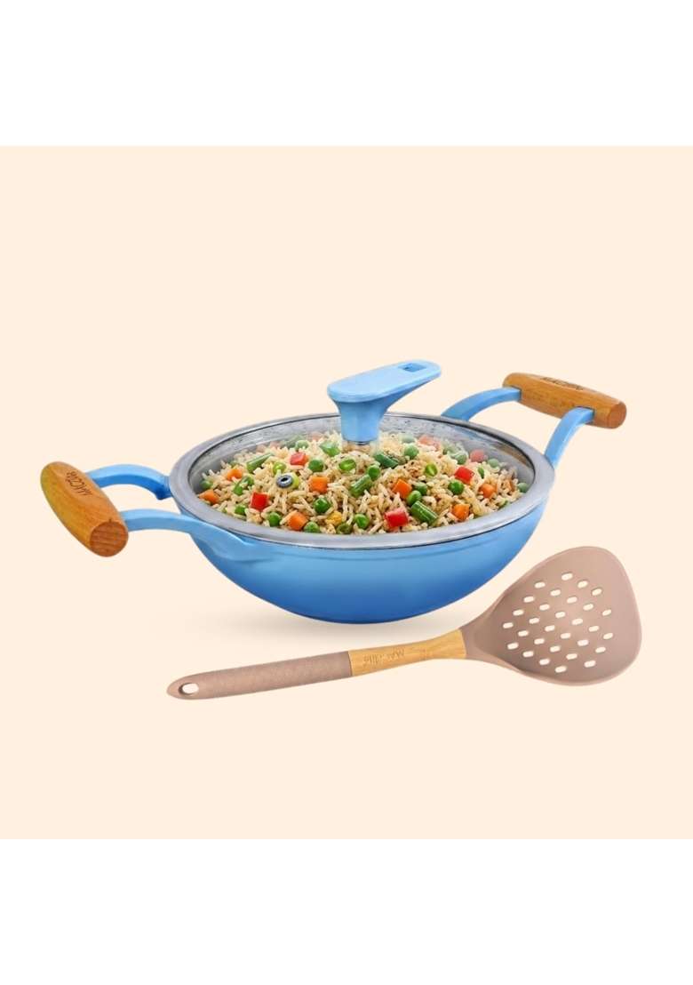 MACclite SeasNamel Cast Iron Kadhai Wok with Glass Lid Dia | 1.5 L | 1.6 Qt | 20 cm | 7.9 Inch | Non-Toxic | Non-Stick - Indya