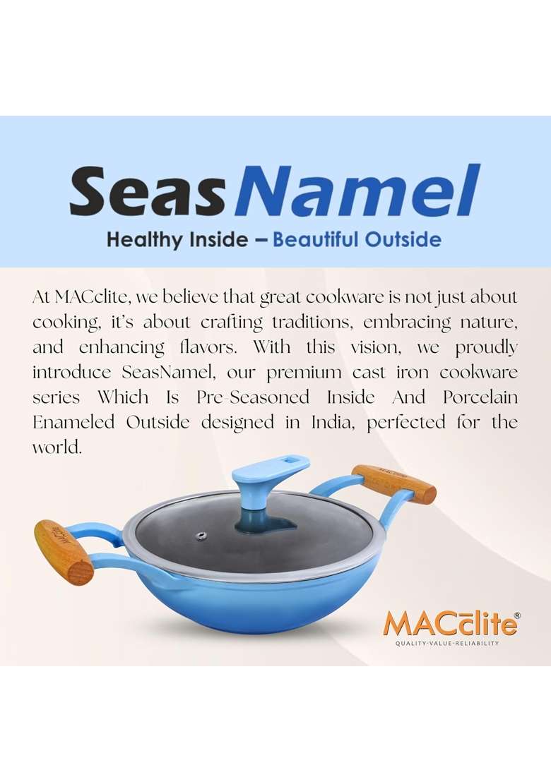 MACclite SeasNamel Cast Iron Kadhai Wok with Glass Lid Dia | 1.5 L | 1.6 Qt | 20 cm | 7.9 Inch | Non-Toxic | Non-Stick - Indya