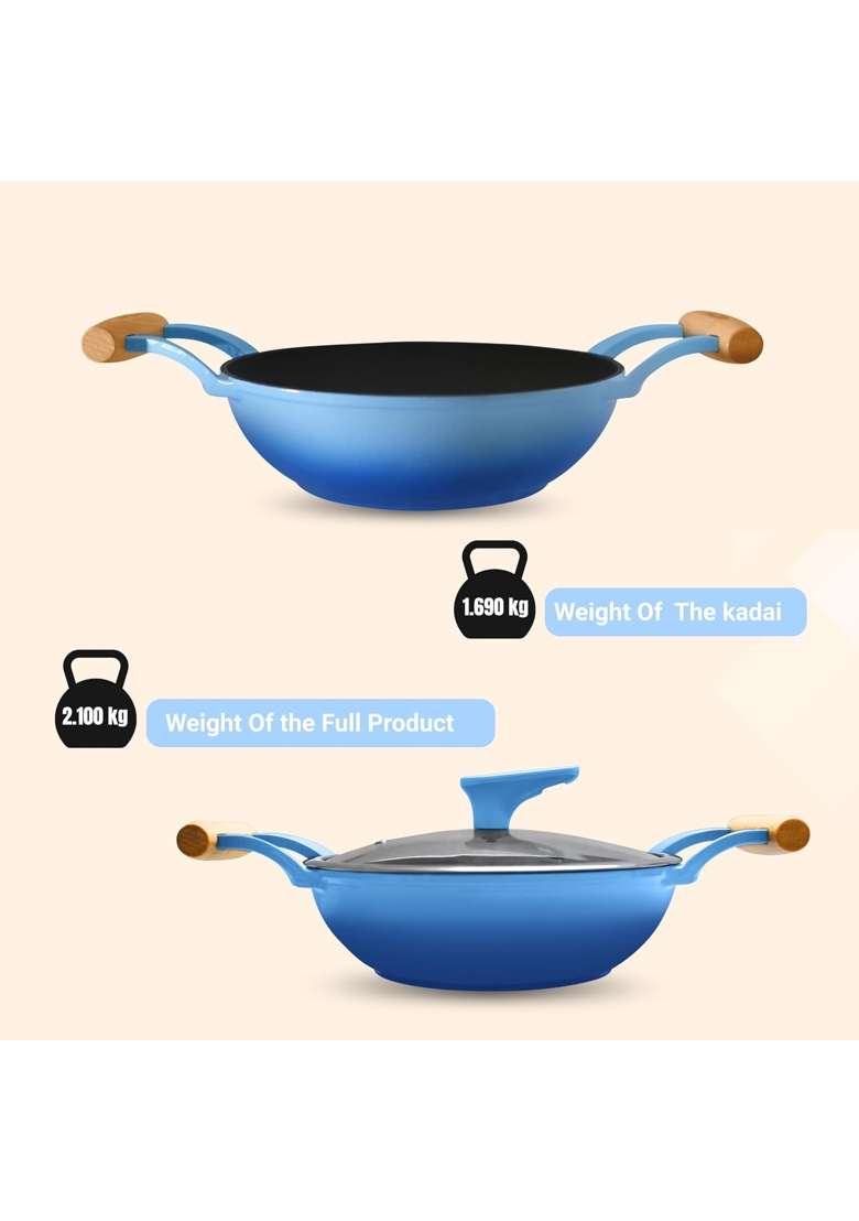 MACclite SeasNamel Cast Iron Kadhai Wok with Glass Lid Dia | 1.5 L | 1.6 Qt | 20 cm | 7.9 Inch | Non-Toxic | Non-Stick - Indya