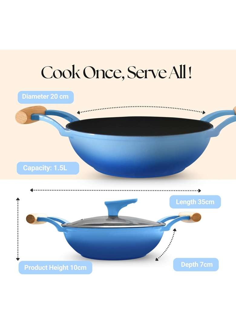 MACclite SeasNamel Cast Iron Kadhai Wok with Glass Lid Dia | 1.5 L | 1.6 Qt | 20 cm | 7.9 Inch | Non-Toxic | Non-Stick - Indya
