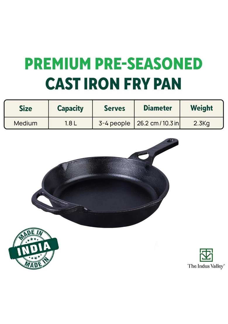 The Indus Valley Preseasoned Cast Iron Fry Pan Skillet with Long Handle | 1.8 L | 1.9 Qt | 26.2 cm | 10.3 Inch | Induction Compatible | Non-Toxic - Indya