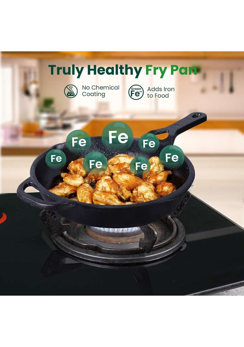 The Indus Valley Preseasoned Cast Iron Fry Pan Skillet with Long Handle | 1.8 L | 1.9 Qt | 26.2 cm | 10.3 Inch | Induction Compatible | Non-Toxic - Indya