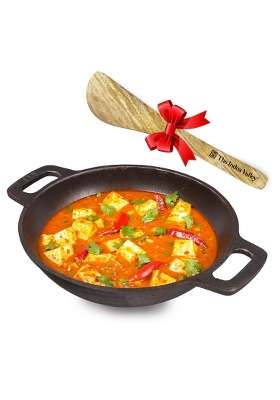 The Indus Valley Super Smooth Cast Iron Kadai Wok with Free Wooden Spatula | 2.5 L | 2.6 Qt | 25.4 cm | 10 Inch | Non-Toxic | Pre-Seasoned