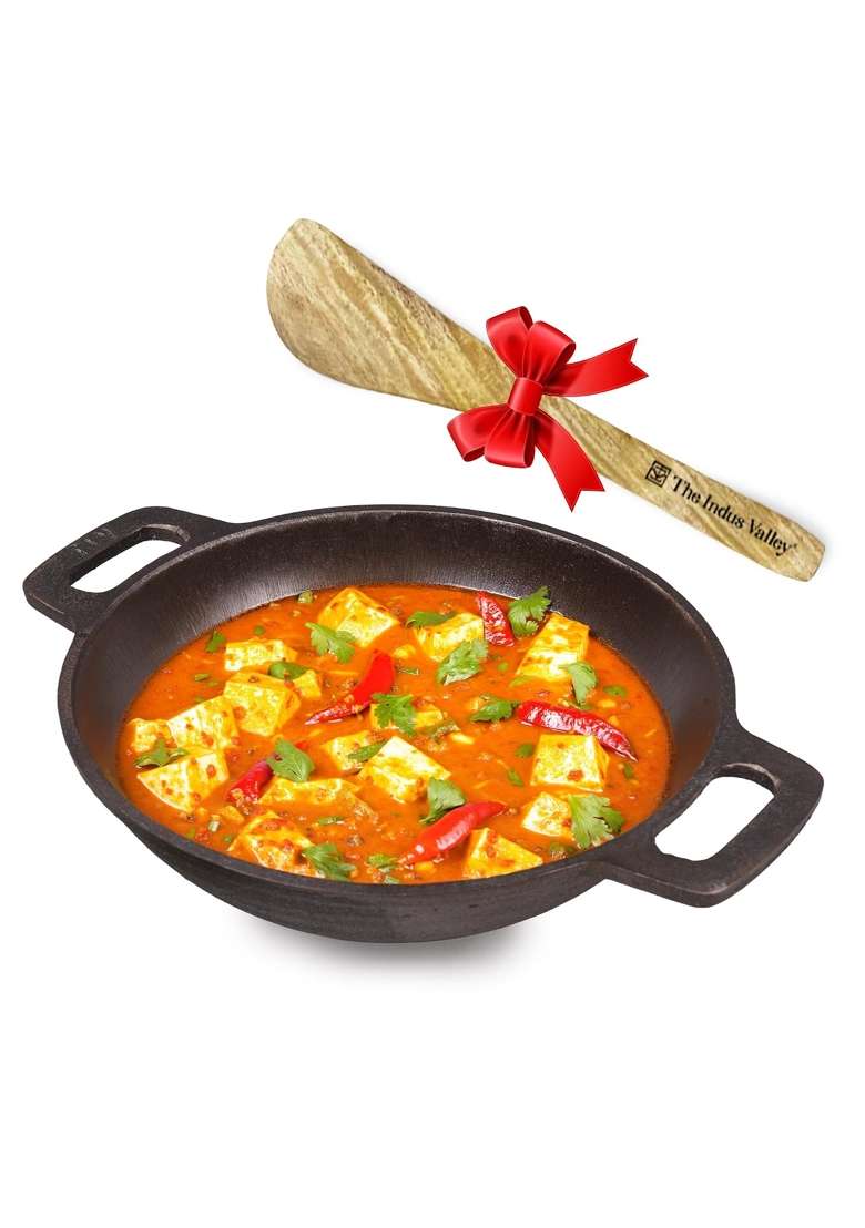 The Indus Valley Super Smooth Cast Iron Kadai Wok with Free Wooden Spatula | 2.5 L | 2.6 Qt | 25.4 cm | 10 Inch | Non-Toxic | Pre-Seasoned - Indya