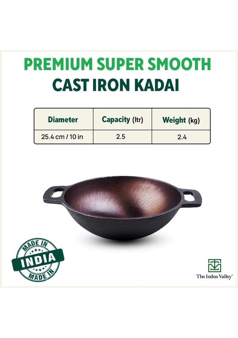 The Indus Valley Super Smooth Cast Iron Kadai Wok with Free Wooden Spatula | 2.5 L | 2.6 Qt | 25.4 cm | 10 Inch | Non-Toxic | Pre-Seasoned - Indya
