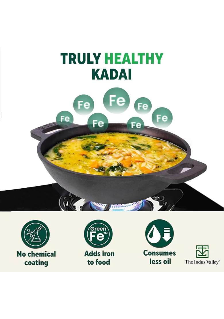 The Indus Valley Super Smooth Cast Iron Kadai Wok with Free Wooden Spatula | 2.5 L | 2.6 Qt | 25.4 cm | 10 Inch | Non-Toxic | Pre-Seasoned - Indya