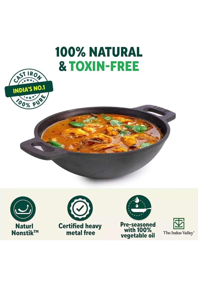 The Indus Valley Super Smooth Cast Iron Kadai Wok with Free Wooden Spatula | 2.5 L | 2.6 Qt | 25.4 cm | 10 Inch | Non-Toxic | Pre-Seasoned - Indya