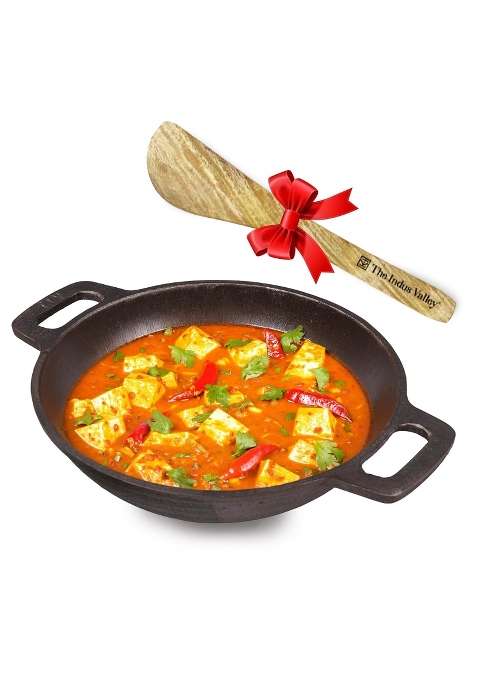 The Indus Valley Super Smooth Cast Iron Kadai Wok with Free Wooden Spatula | 2.5 L | 2.6 Qt | 25.4 cm | 10 Inch | Non-Toxic | Pre-Seasoned