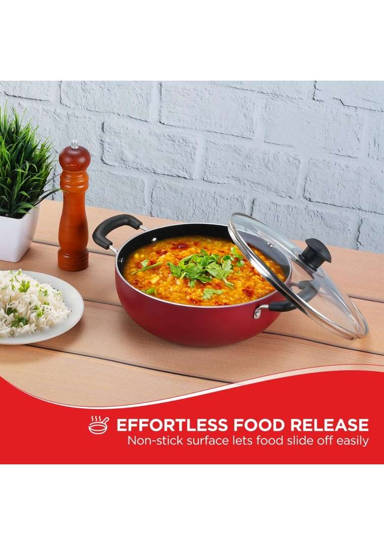 Vinod Zest Inducto Non Stick Deep Kadhai Wok with Glass Lid | 5.5 L | 5.8 Qt | 28 cm | 11 Inch | Induction Compatible - Indya