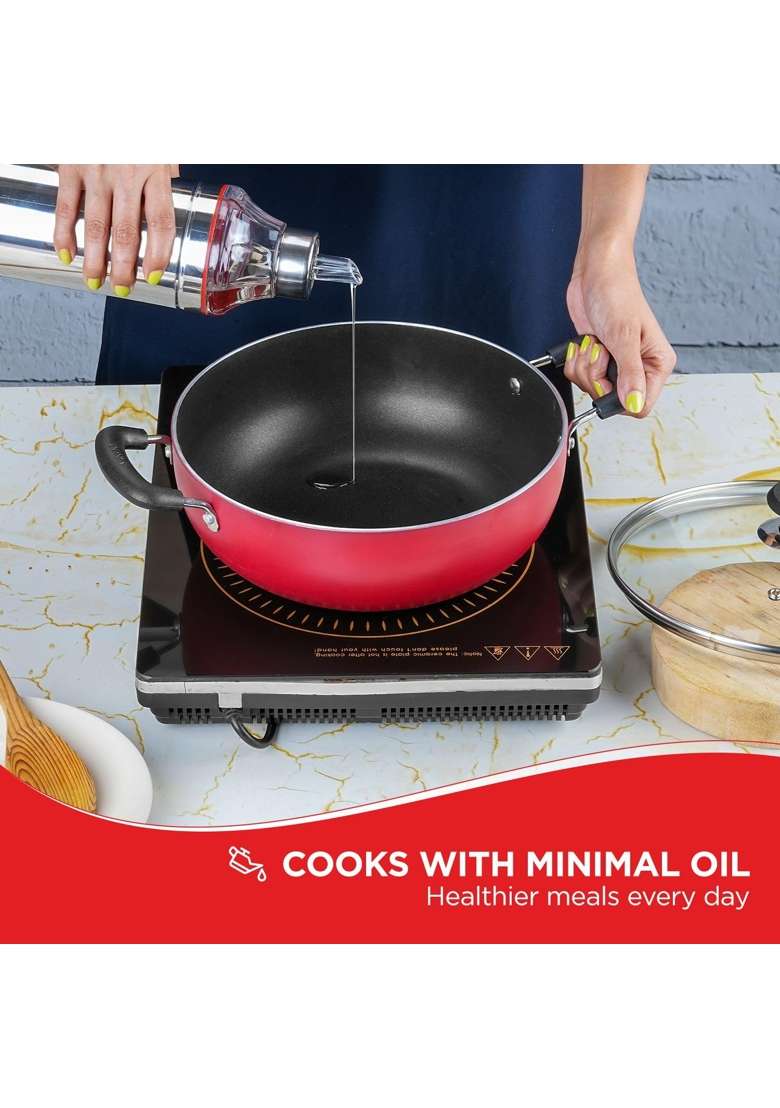 Vinod Zest Inducto Non Stick Deep Kadhai Wok with Glass Lid | 5.5 L | 5.8 Qt | 28 cm | 11 Inch | Induction Compatible - Indya