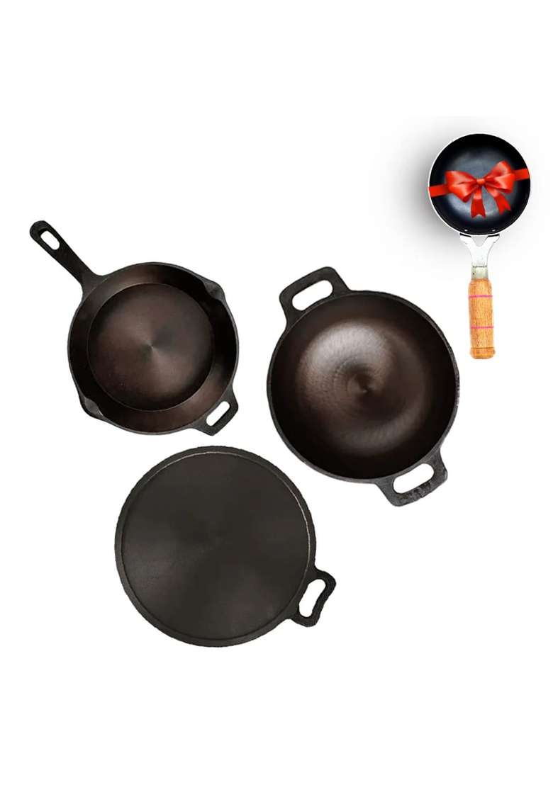 The Indus Valley Super Smooth Cast Iron Cookware Set Free Tadka Pan | 2.5 L | 2.6 Qt | 30.5 cm | 12 Inch | 4-Piece Set | Non-Stick - Indya