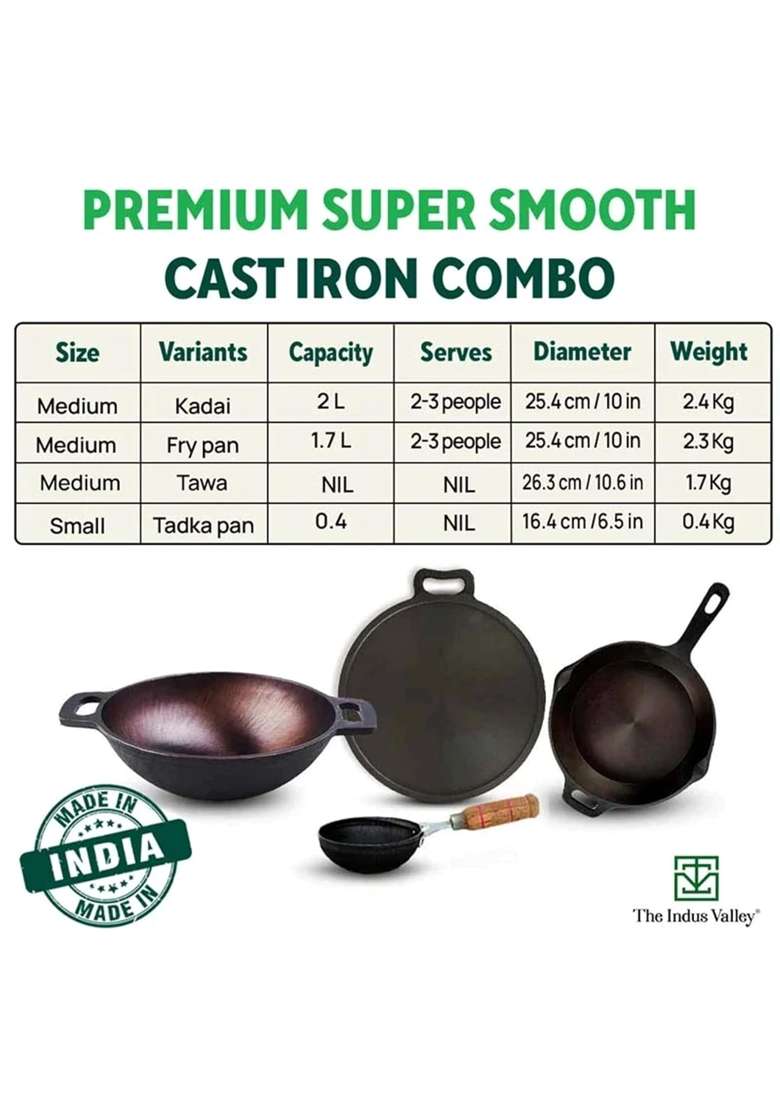 The Indus Valley Super Smooth Cast Iron Cookware Set Free Tadka Pan | 2.5 L | 2.6 Qt | 30.5 cm | 12 Inch | 4-Piece Set | Non-Stick - Indya