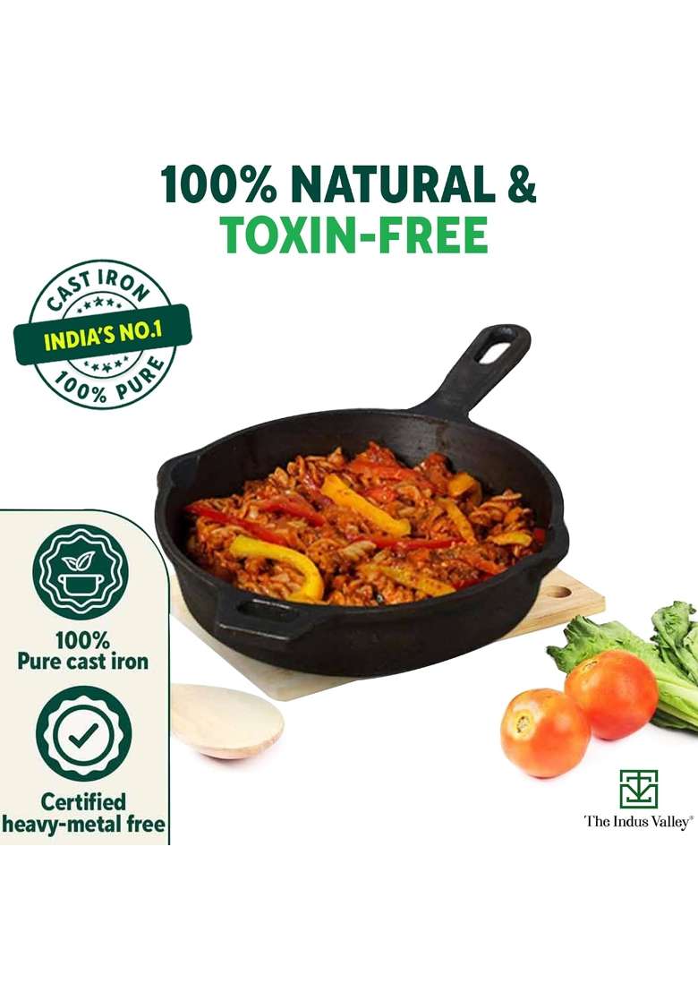 The Indus Valley Super Smooth Cast Iron Cookware Set Free Tadka Pan | 2.5 L | 2.6 Qt | 30.5 cm | 12 Inch | 4-Piece Set | Non-Stick - Indya