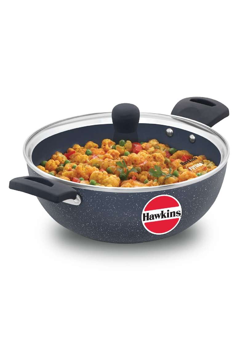 Hawkins Ceramic Nonstick Deep Kadhai Wok | 3.5 L | 3.7 Qt | Induction Compatible | With Lid - Indya