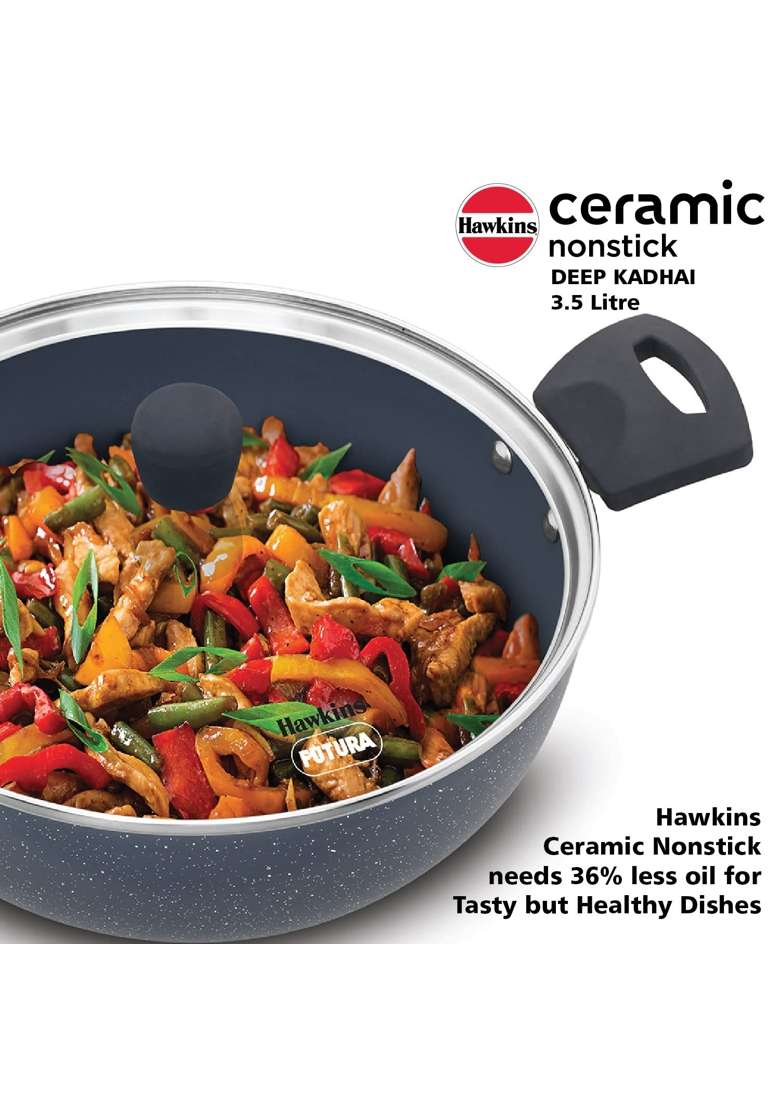 Hawkins Ceramic Nonstick Deep Kadhai Wok | 3.5 L | 3.7 Qt | Induction Compatible | With Lid - Indya