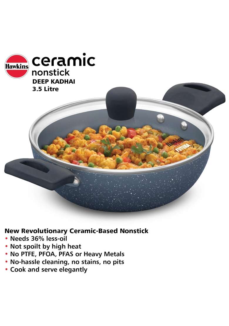 Hawkins Ceramic Nonstick Deep Kadhai Wok | 3.5 L | 3.7 Qt | Induction Compatible | With Lid - Indya