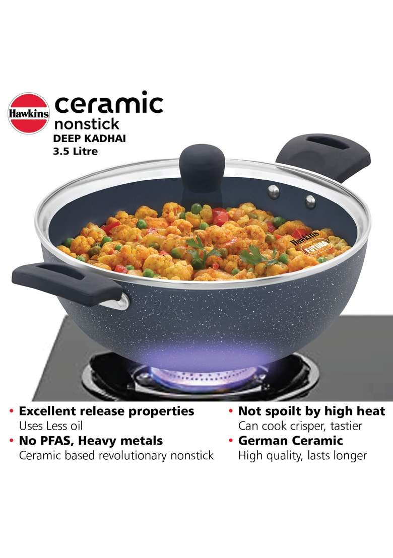 Hawkins Ceramic Nonstick Deep Kadhai Wok | 3.5 L | 3.7 Qt | Induction Compatible | With Lid - Indya