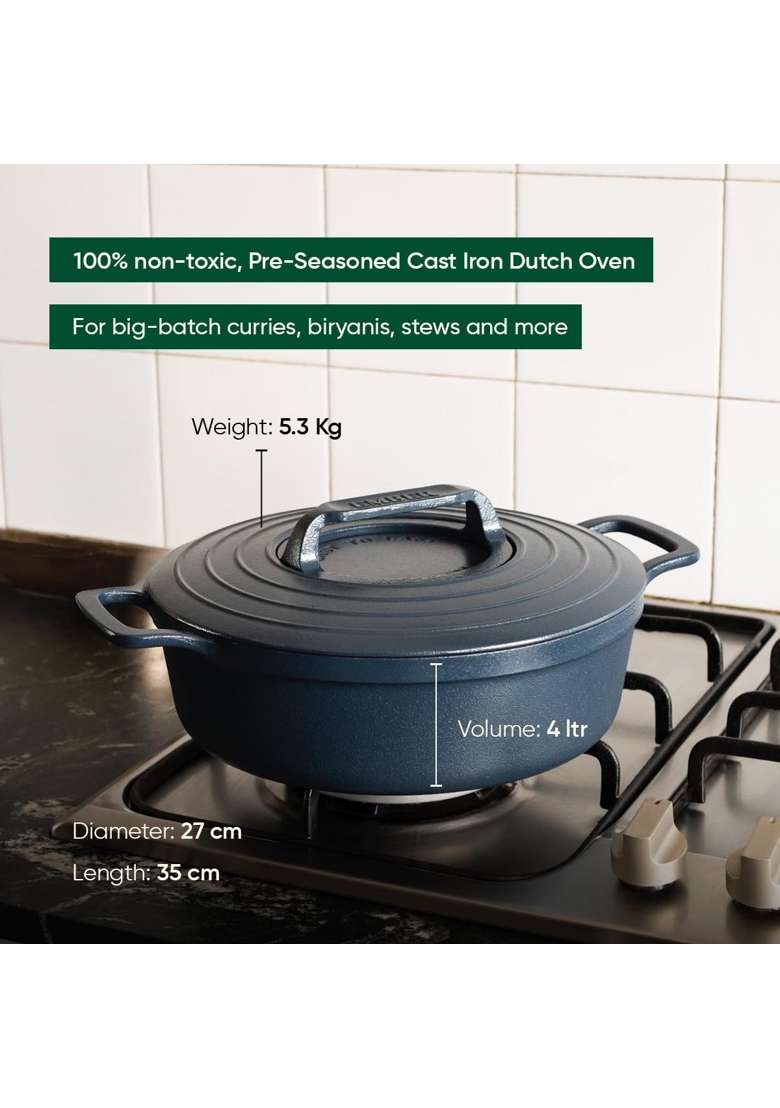 Ember Cookware Pre-Seasoned Cast Iron Casserole | 26 cm | 10.2 Inch | Induction Compatible | Heavy Bottom | PFOA Free - Indya