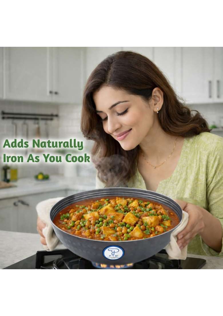 PTR Hammered Iron Kadhai Wok Original Lohe Ki Kadai Handle-Free Deep Frying Pan | 1.5 L | 1.6 Qt | 9.5 Inch | Induction Compatible - Indya