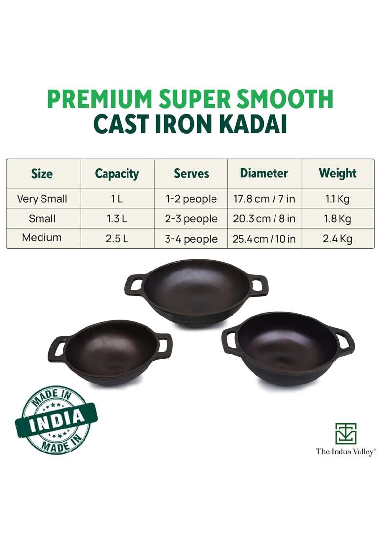 The Indus Valley Super Smooth Cast Iron Kadai Wok for Deep Frying with Strong Handles | 1 L | 1.1 Qt | 17.8 cm | 7 Inch | Non-Toxic - Indya