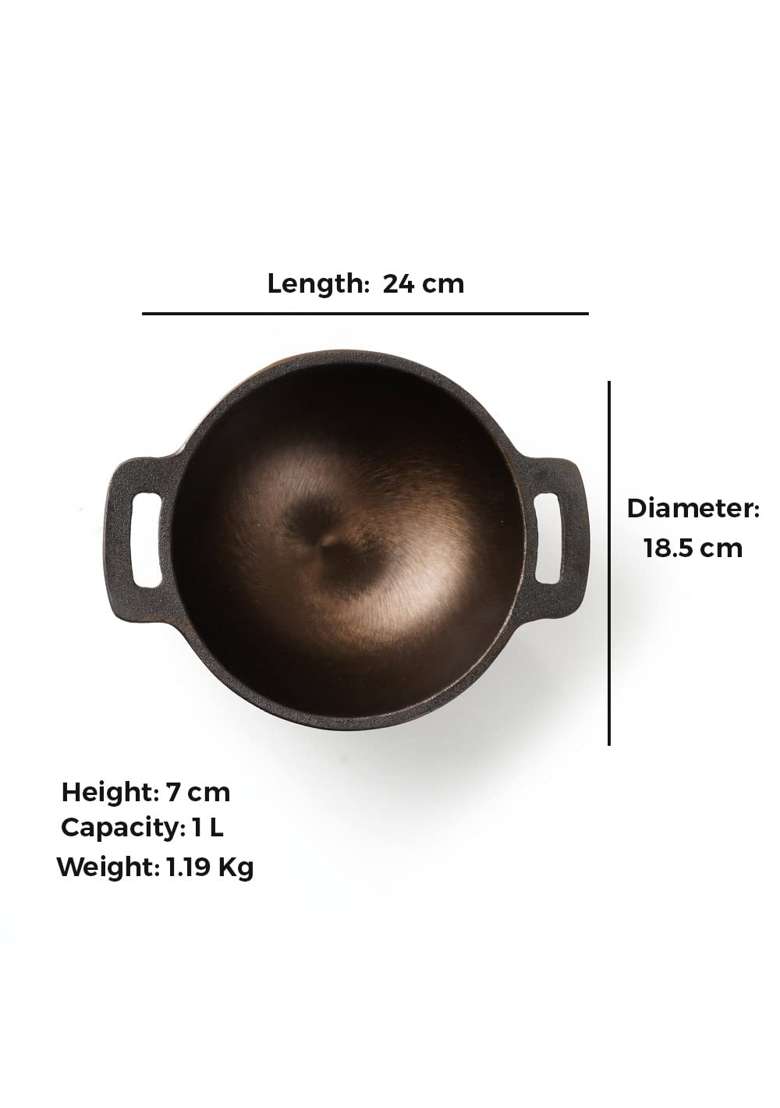 The Indus Valley Super Smooth Cast Iron Kadai Wok for Deep Frying with Strong Handles | 1 L | 1.1 Qt | 17.8 cm | 7 Inch | Non-Toxic - Indya