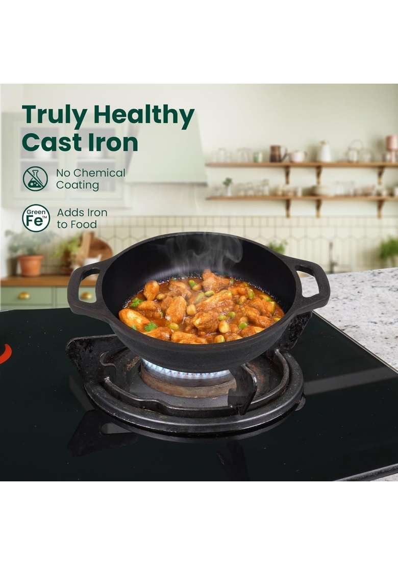 The Indus Valley Super Smooth Cast Iron Kadai Wok for Deep Frying with Strong Handles | 1 L | 1.1 Qt | 17.8 cm | 7 Inch | Non-Toxic - Indya