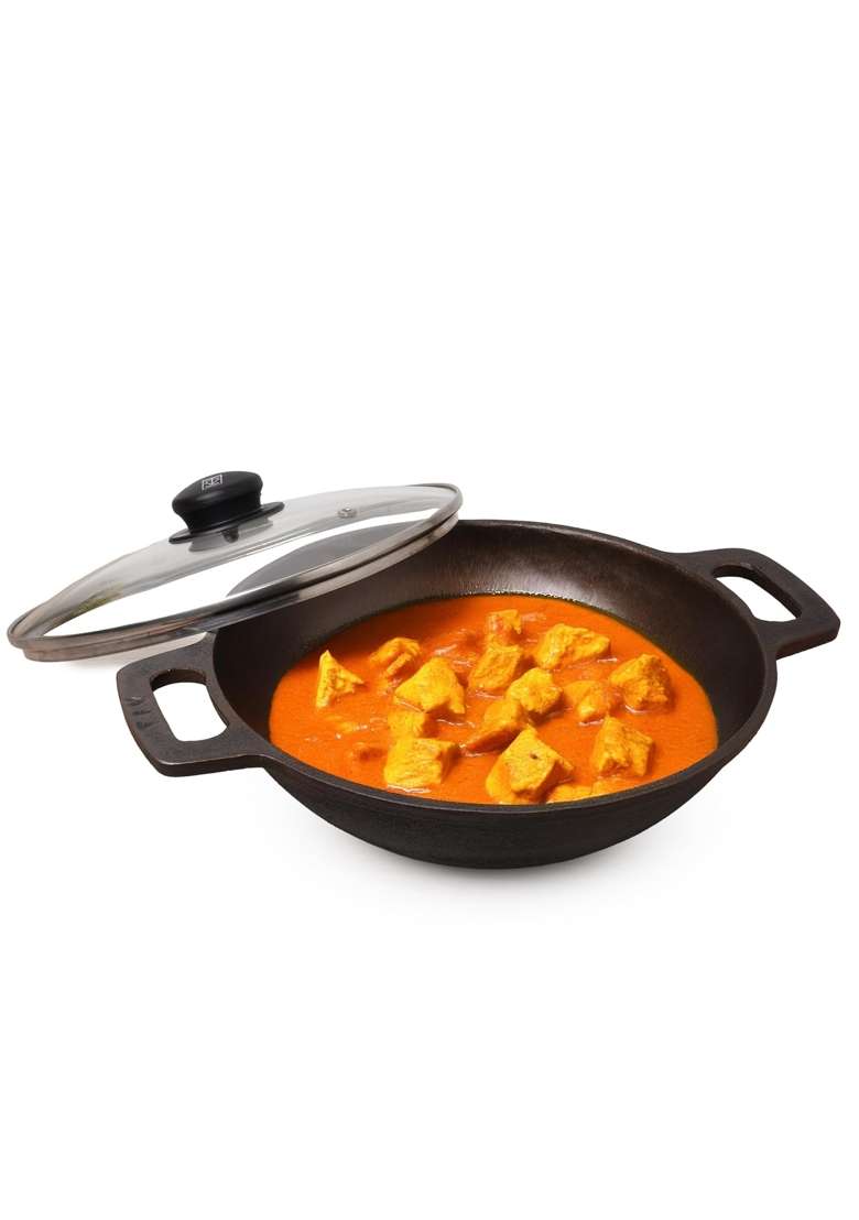 The Indus Valley Super Smooth Cast Iron Kadai Wok with Glass Lid | 2.5 L | 2.6 Qt | 26 cm | 10.2 Inch | Non-Toxic | Pre-Seasoned | Non-Stick - Indya