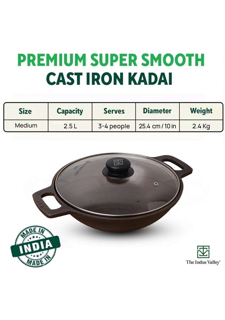 The Indus Valley Super Smooth Cast Iron Kadai Wok with Glass Lid | 2.5 L | 2.6 Qt | 26 cm | 10.2 Inch | Non-Toxic | Pre-Seasoned | Non-Stick - Indya