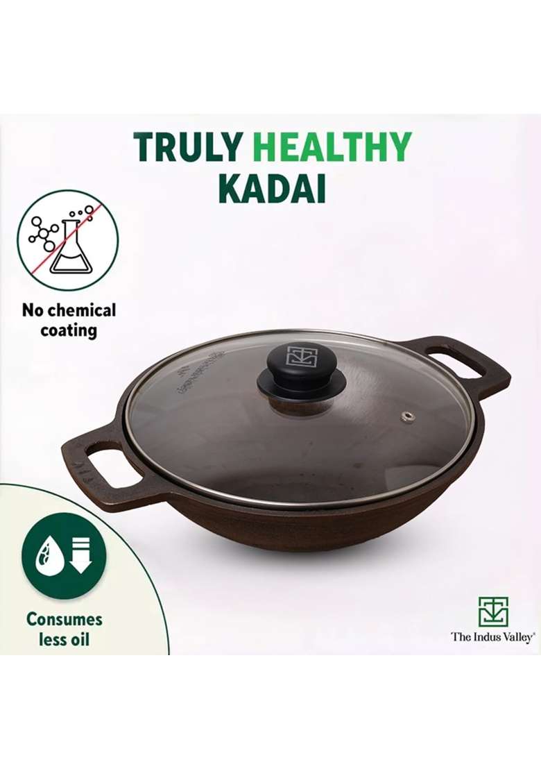 The Indus Valley Super Smooth Cast Iron Kadai Wok with Glass Lid | 2.5 L | 2.6 Qt | 26 cm | 10.2 Inch | Non-Toxic | Pre-Seasoned | Non-Stick - Indya
