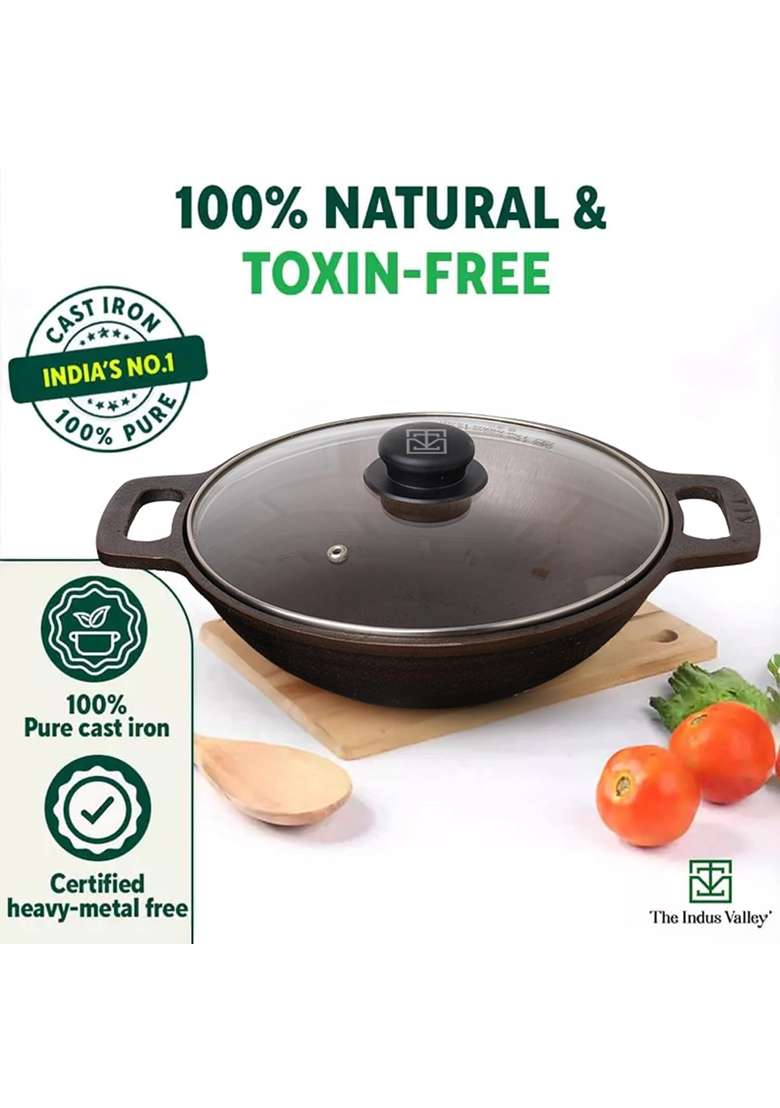 The Indus Valley Super Smooth Cast Iron Kadai Wok with Glass Lid | 2.5 L | 2.6 Qt | 26 cm | 10.2 Inch | Non-Toxic | Pre-Seasoned | Non-Stick - Indya