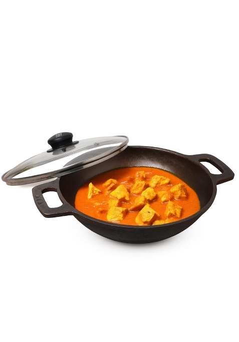 The Indus Valley Super Smooth Cast Iron Kadai Wok with Glass Lid | 2.5 L | 2.6 Qt | 26 cm | 10.2 Inch | Non-Toxic | Pre-Seasoned | Non-Stick