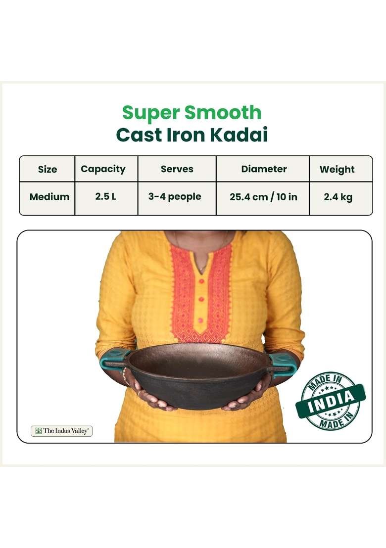 The Indus Valley Pre-Seasoned Super Smooth Cast Iron Kadai Wok Kadhai for Cooking and Deep Frying | Induction Compatible - Indya