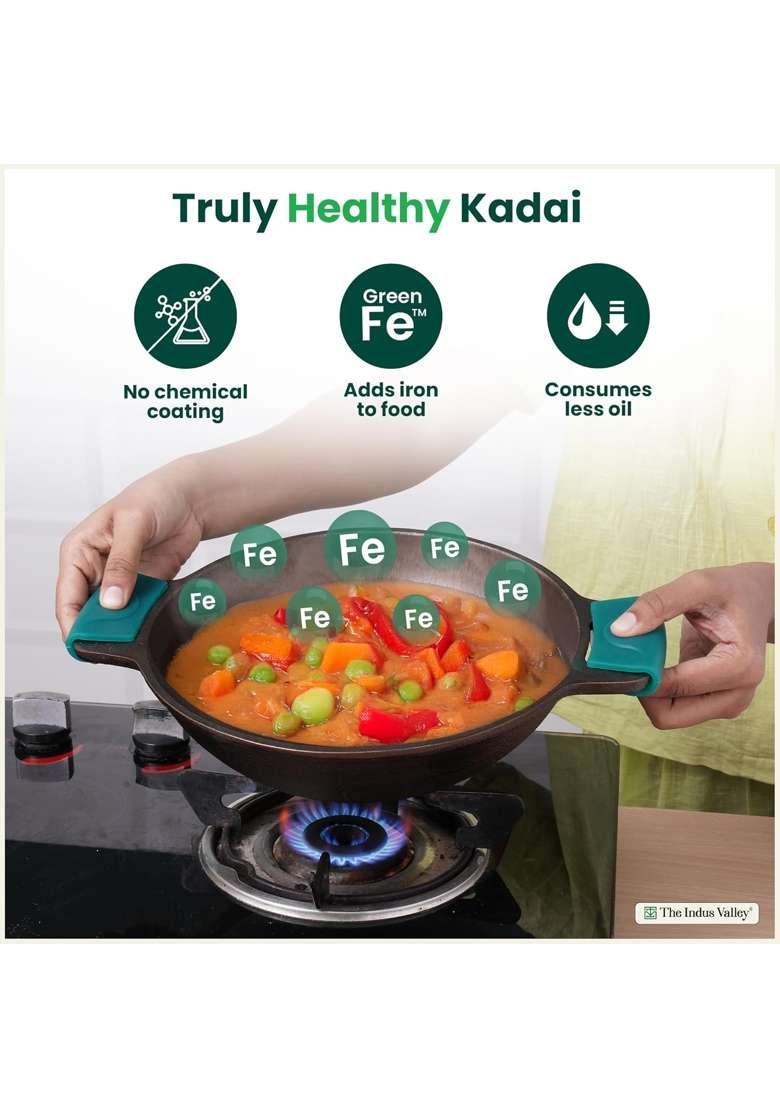 The Indus Valley Pre-Seasoned Super Smooth Cast Iron Kadai Wok Kadhai for Cooking and Deep Frying | Induction Compatible - Indya