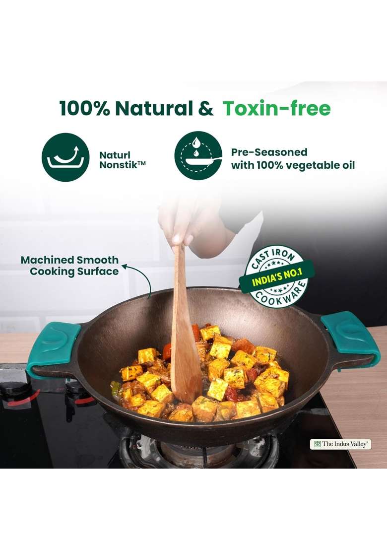 The Indus Valley Pre-Seasoned Super Smooth Cast Iron Kadai Wok Kadhai for Cooking and Deep Frying | Induction Compatible - Indya
