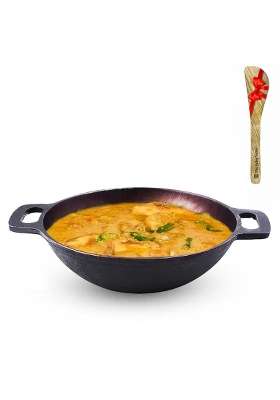 The Indus Valley Super Smooth Cast Iron Kadai Wok with Free Wooden Flip | 2.5 L | 2.6 Qt | 25.4 cm | 10 Inch | Non-Toxic | Pre-Seasoned