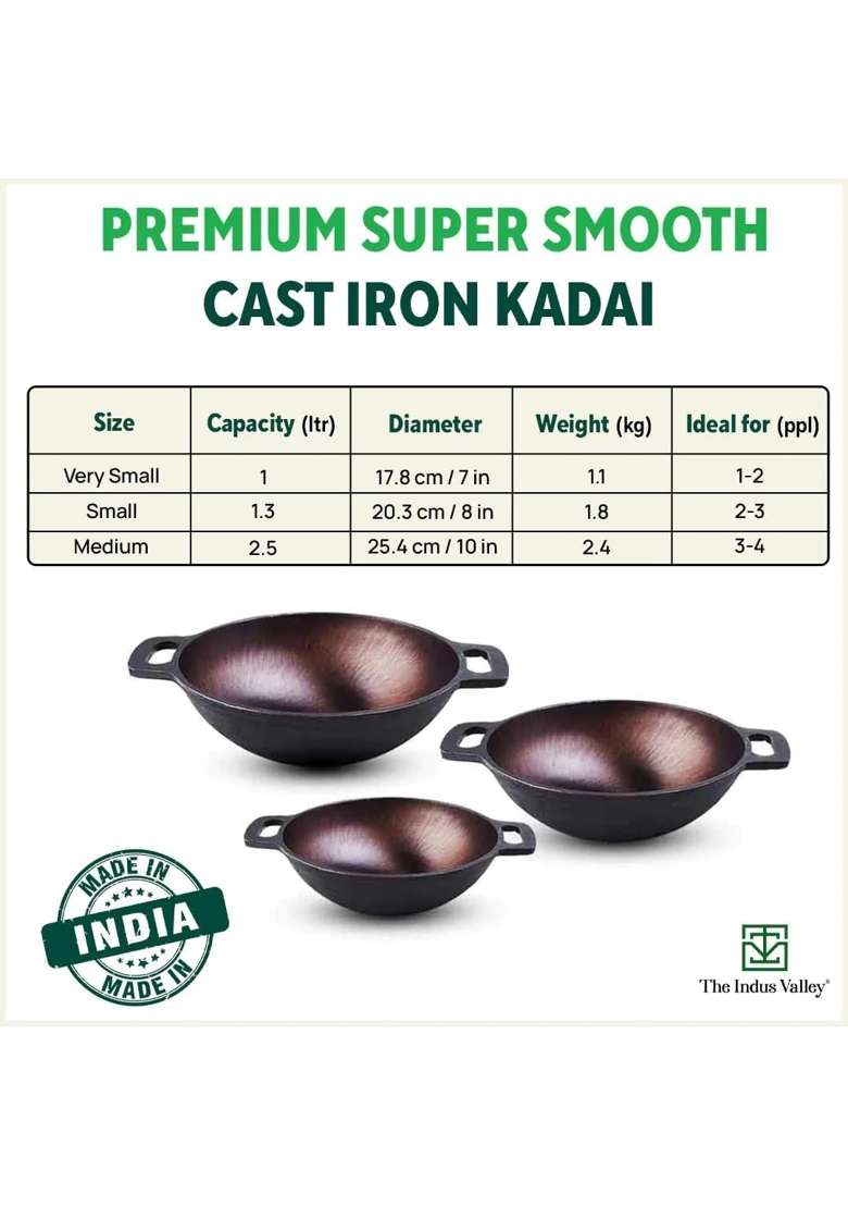 The Indus Valley Super Smooth Cast Iron Kadai Wok with Free Wooden Flip | 2.5 L | 2.6 Qt | 25.4 cm | 10 Inch | Non-Toxic | Pre-Seasoned - Indya