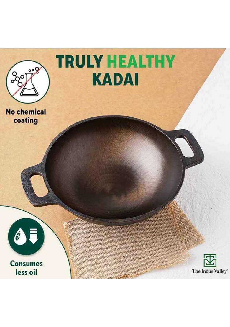 The Indus Valley Super Smooth Cast Iron Kadai Wok with Free Wooden Flip | 2.5 L | 2.6 Qt | 25.4 cm | 10 Inch | Non-Toxic | Pre-Seasoned - Indya