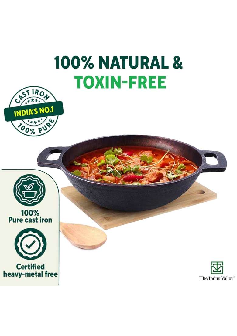 The Indus Valley Super Smooth Cast Iron Kadai Wok with Free Wooden Flip | 2.5 L | 2.6 Qt | 25.4 cm | 10 Inch | Non-Toxic | Pre-Seasoned - Indya