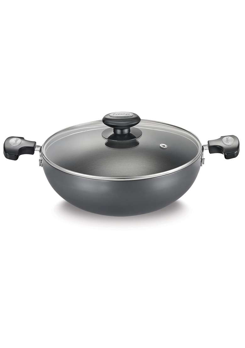 Prestige Hard Anodised Plus Gas and Induction Compatible Kadai Wok with Glass Lid - Indya