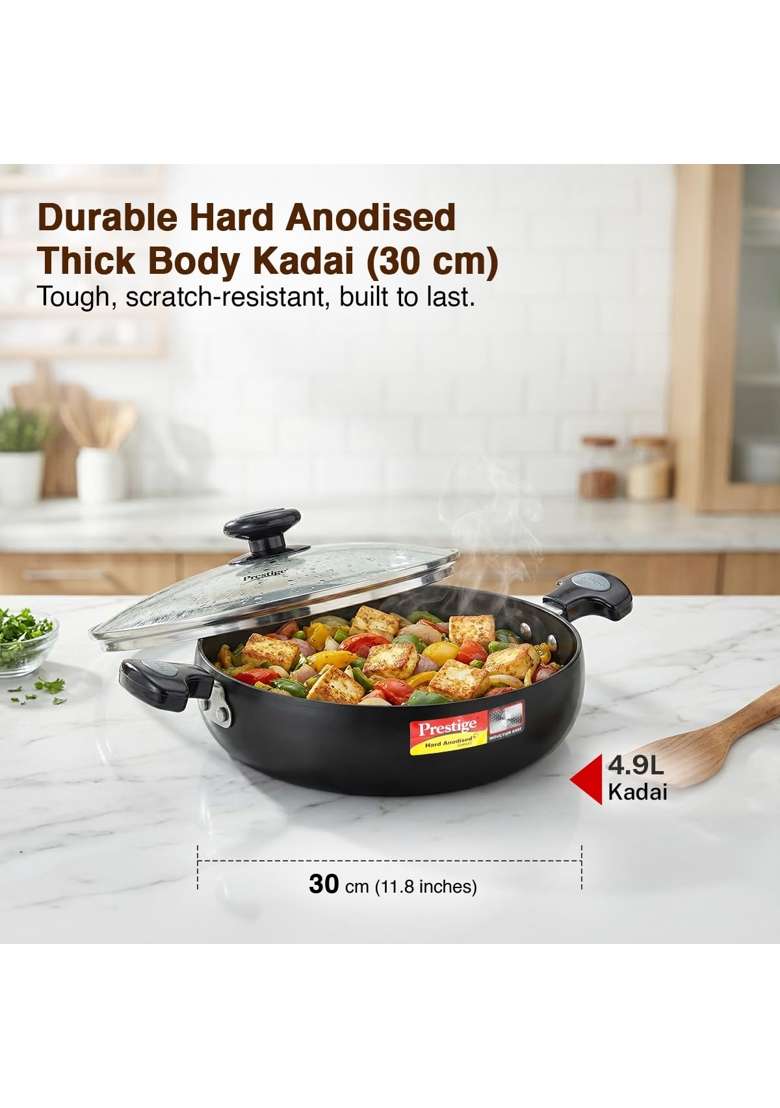 Prestige Hard Anodised Plus Gas and Induction Compatible Kadai Wok with Glass Lid - Indya