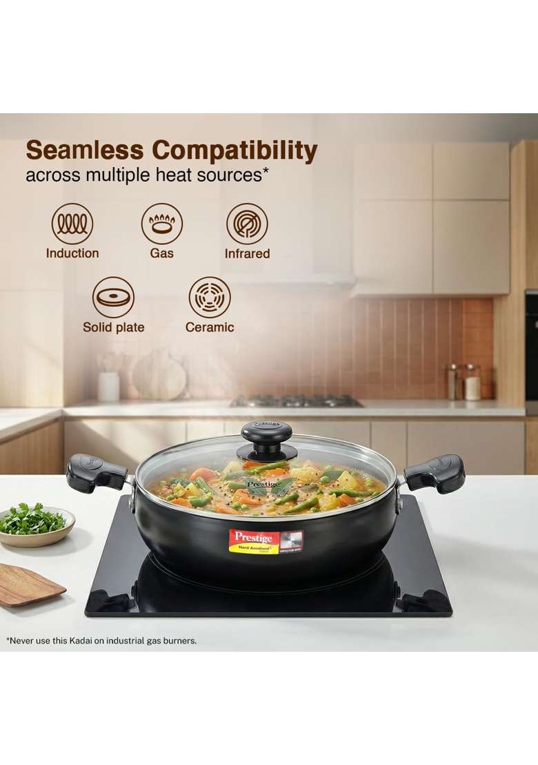Prestige Hard Anodised Plus Gas and Induction Compatible Kadai Wok with Glass Lid - Indya