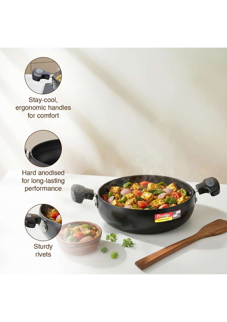 Prestige Hard Anodised Plus Gas and Induction Compatible Kadai Wok with Glass Lid - Indya