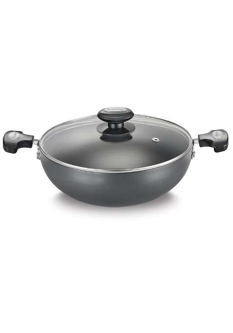 Prestige Hard Anodised Plus Gas and Induction Compatible Kadai Wok with Glass Lid