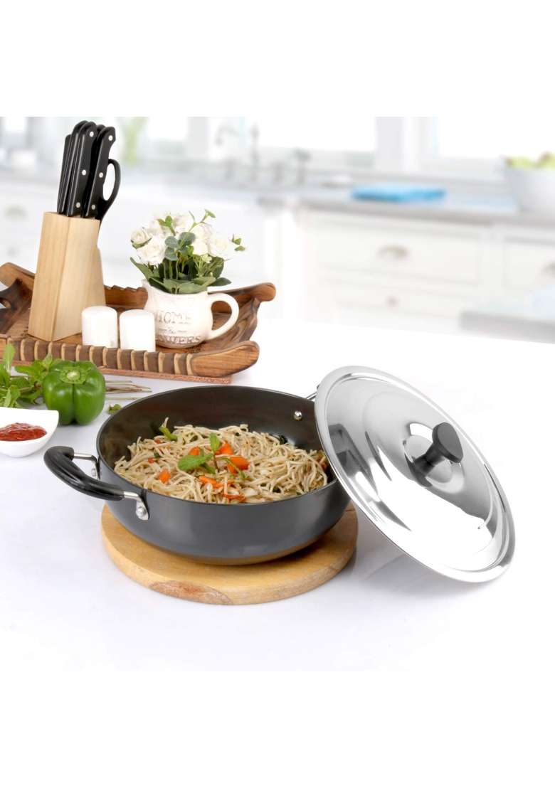 CELLO Aluminum Hard-Anodised Classy Kadhai Wok | 2.5 L | 2.6 Qt | With Lid - Indya