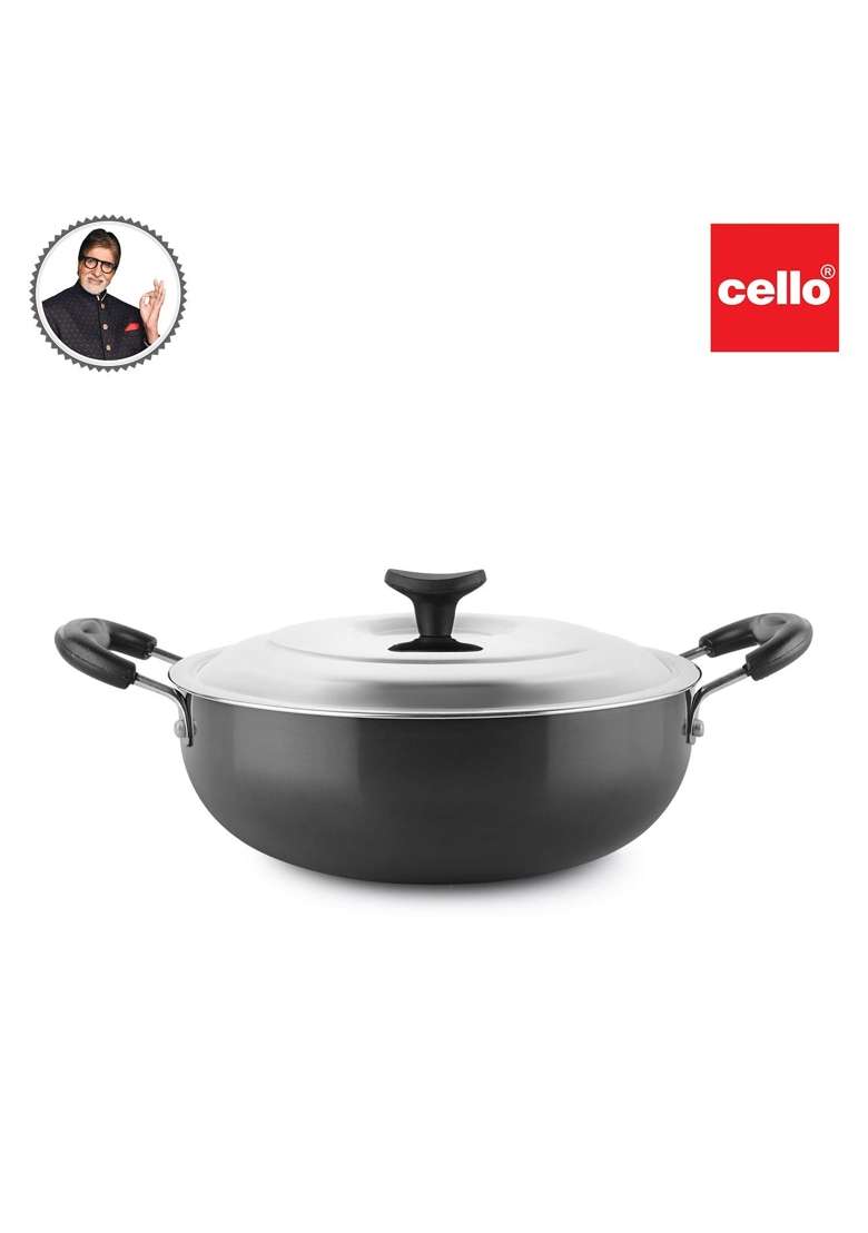 CELLO Aluminum Hard-Anodised Classy Kadhai Wok | 2.5 L | 2.6 Qt | With Lid - Indya