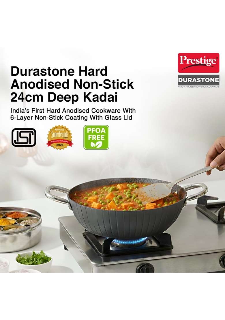 Prestige Durastone Hard Anodised 6 Layer Non-Stick Kadai Wok with Glass Lid | 2.5 L | 2.6 Qt | 24 cm | 9.4 Inch - Indya