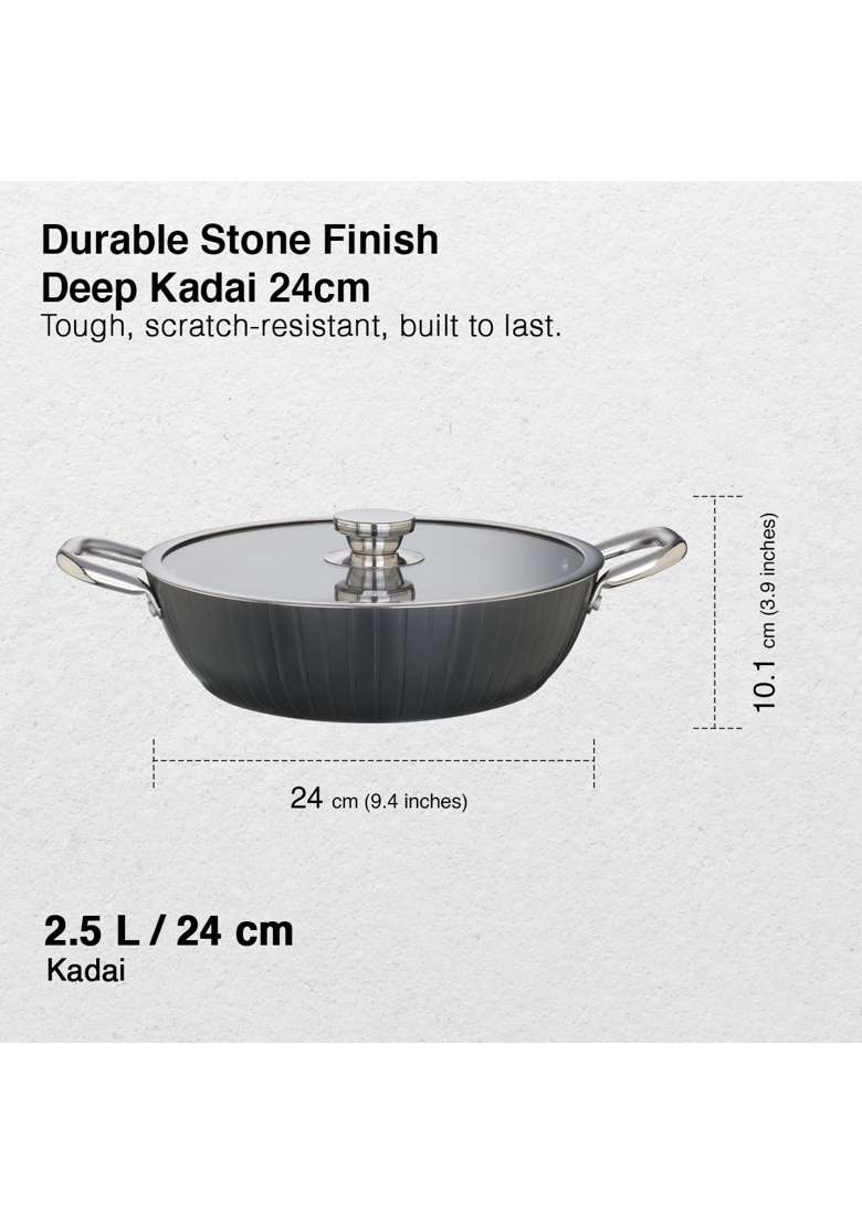 Prestige Durastone Hard Anodised 6 Layer Non-Stick Kadai Wok with Glass Lid | 2.5 L | 2.6 Qt | 24 cm | 9.4 Inch - Indya